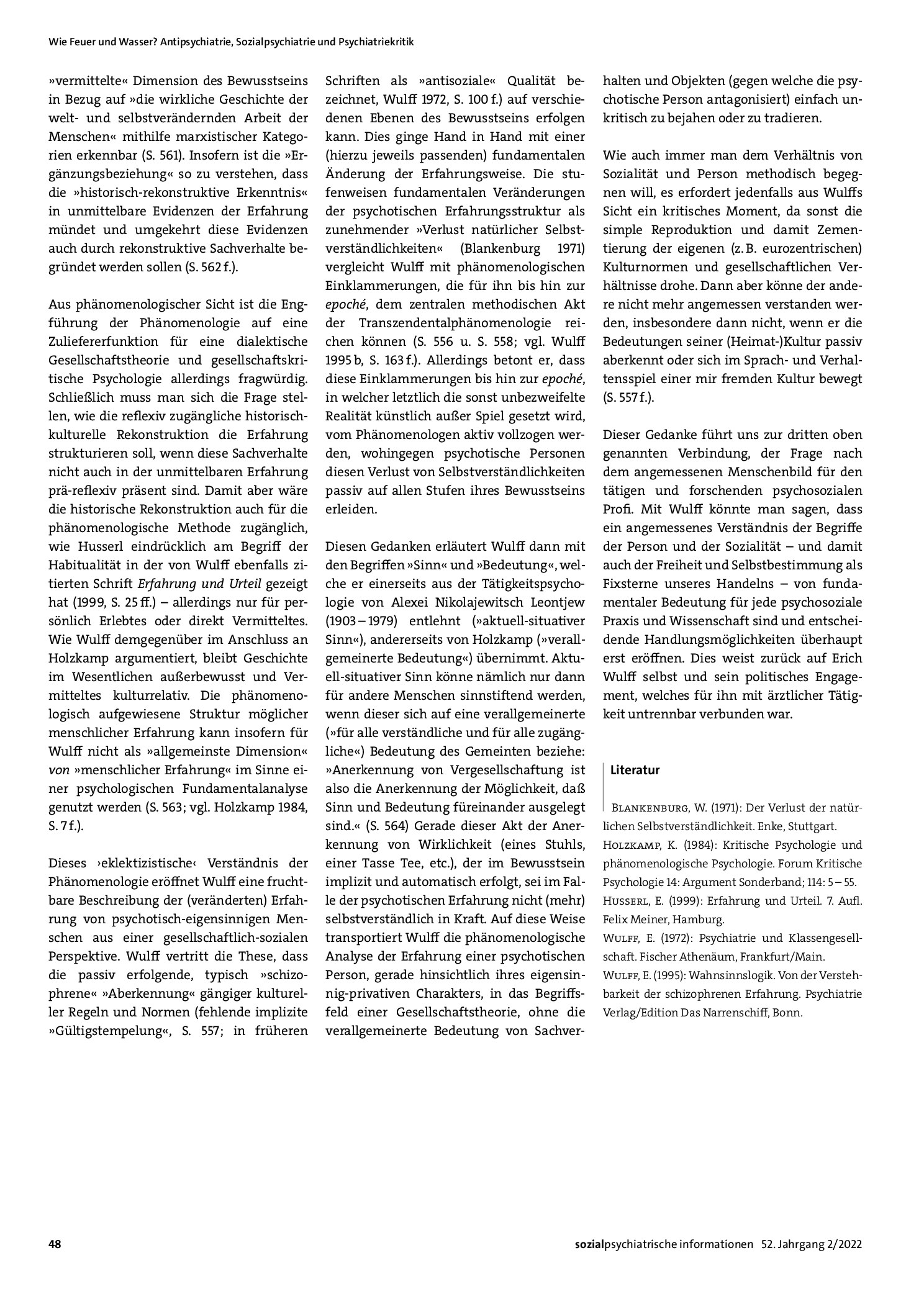 Vorschauseite 2: Vorbemerkung zu »Alte Texte – neu gelesen«: Phänomenologische Psychopathologie und historischer Materialismus von Erich Wulff
