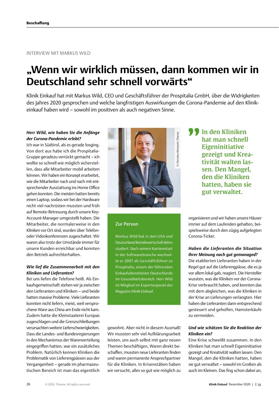 Vorschauseite 1: Interview mit Markus Wild: "Wenn wir wirklich müssen, dann kommen wir in Deutschland sehr schnell vorwärts."