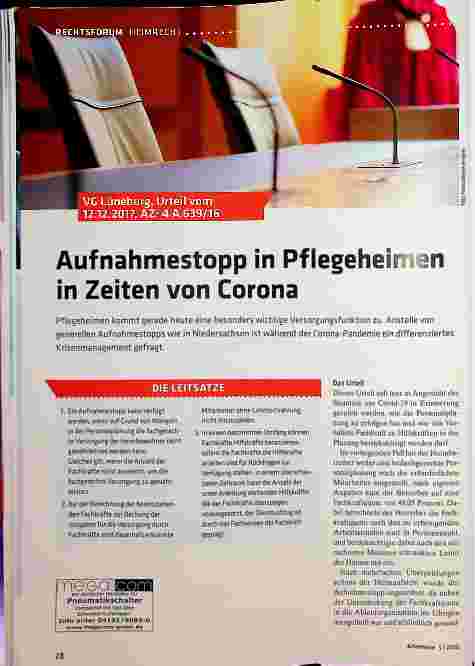 Vorschauseite 1: Aufnahmestopp in Pflegeheimen in Zeiten von Corona