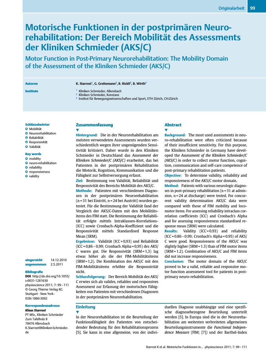 Vorschauseite 1: Motorische Funktionen in der postprimären Neurorehabilitation: Der Bereich Mobilität des Assessments der Kliniken Schmieder (AKS/C)