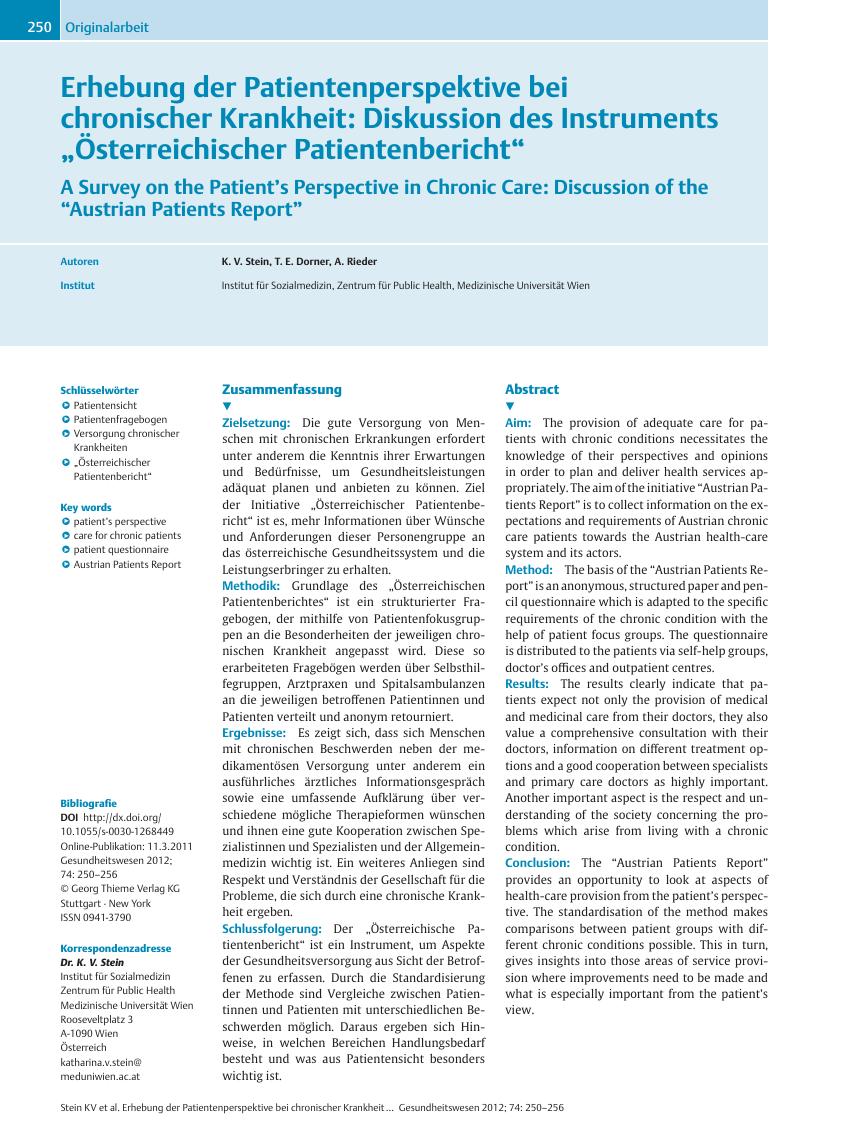 Vorschauseite 1: Erhebung der Patientenperspektive bei chronischer Krankheit: Diskussion des Instruments „Österreichischer Patientenbericht“