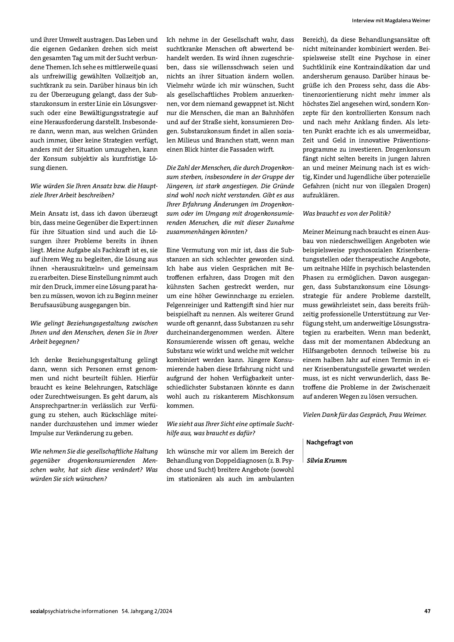 Vorschauseite 2: Interview mit Magdalena Weimer, Sozialarbeiterin »Vollsten Respekt für die Kämpfe«