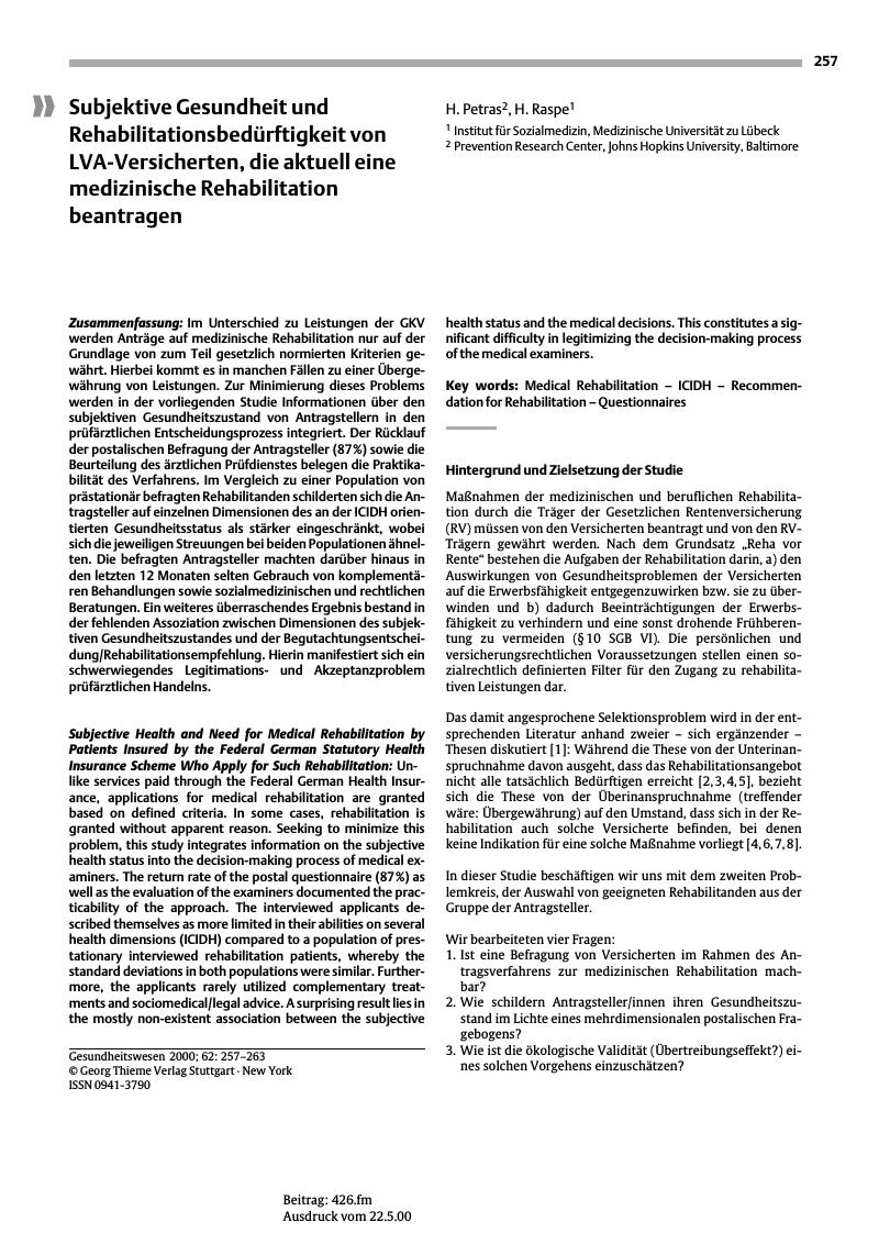 Vorschauseite 1: Subjektive Gesundheit und Rehabilitationsbedürftigkeit von LVA-Versicherten, die aktuell eine medizinische Rehabilitation beantragen
