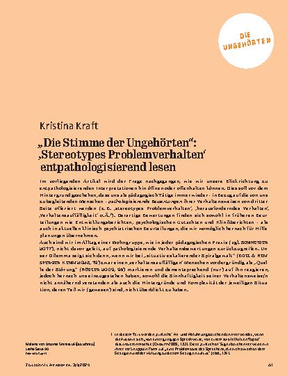 Vorschauseite 1: „Die Stimme der Ungehörten“: ‚Stereotypes Problemverhalten‘ entpathologisierend lesen