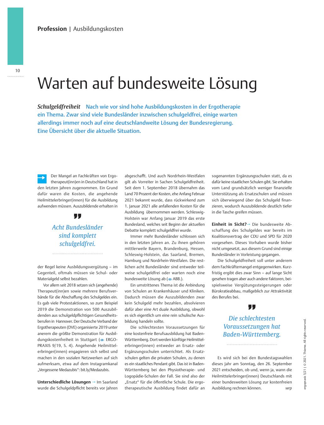 Vorschauseite 1: Warten auf bundesweite Lösung - Schulgeldfreiheit
