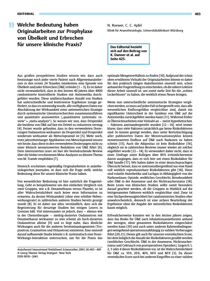 Vorschauseite 1: Welche Bedeutung haben Originalarbeiten zur Prophylaxe von Übelkeit und Erbrechen für unsere klinische Praxis?