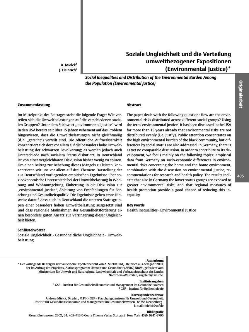 Vorschauseite 1: Soziale Ungleichheit und die Verteilung umweltbezogener Expositionen (Environmental Justice)