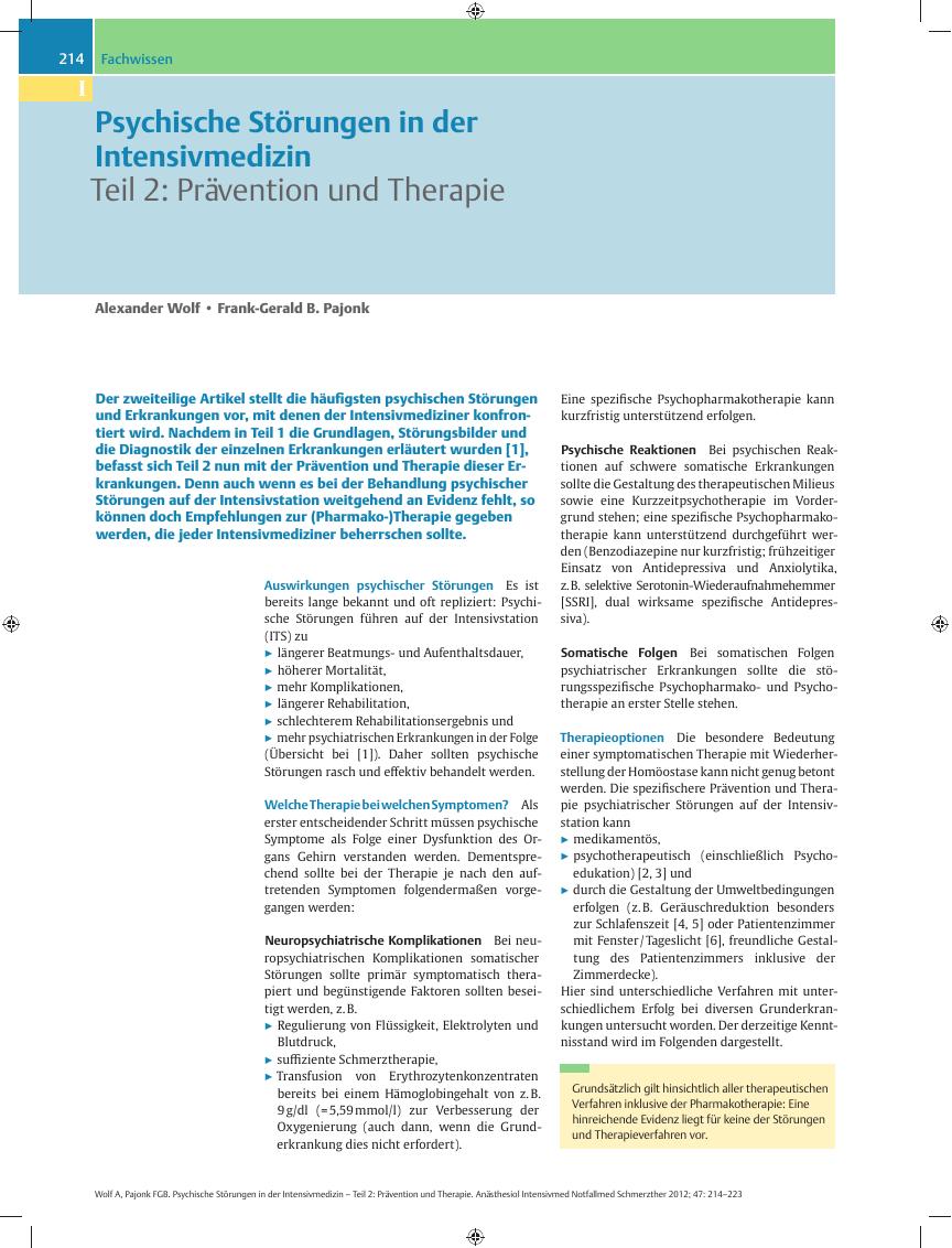 Vorschauseite 1: Psychische Störungen in der Intensivmedizin – Teil 2: Prävention und Therapie