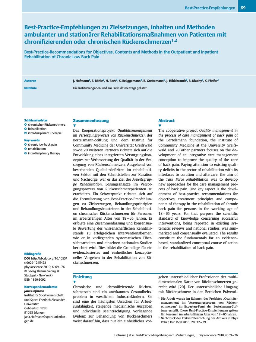 Vorschauseite 1: Best-Practice-Empfehlungen zu Zielsetzungen, Inhalten und Methoden ambulanter und stationärer Rehabilitationsmaßnahmen von Patienten mit chronifizierenden oder chronischen Rückens…