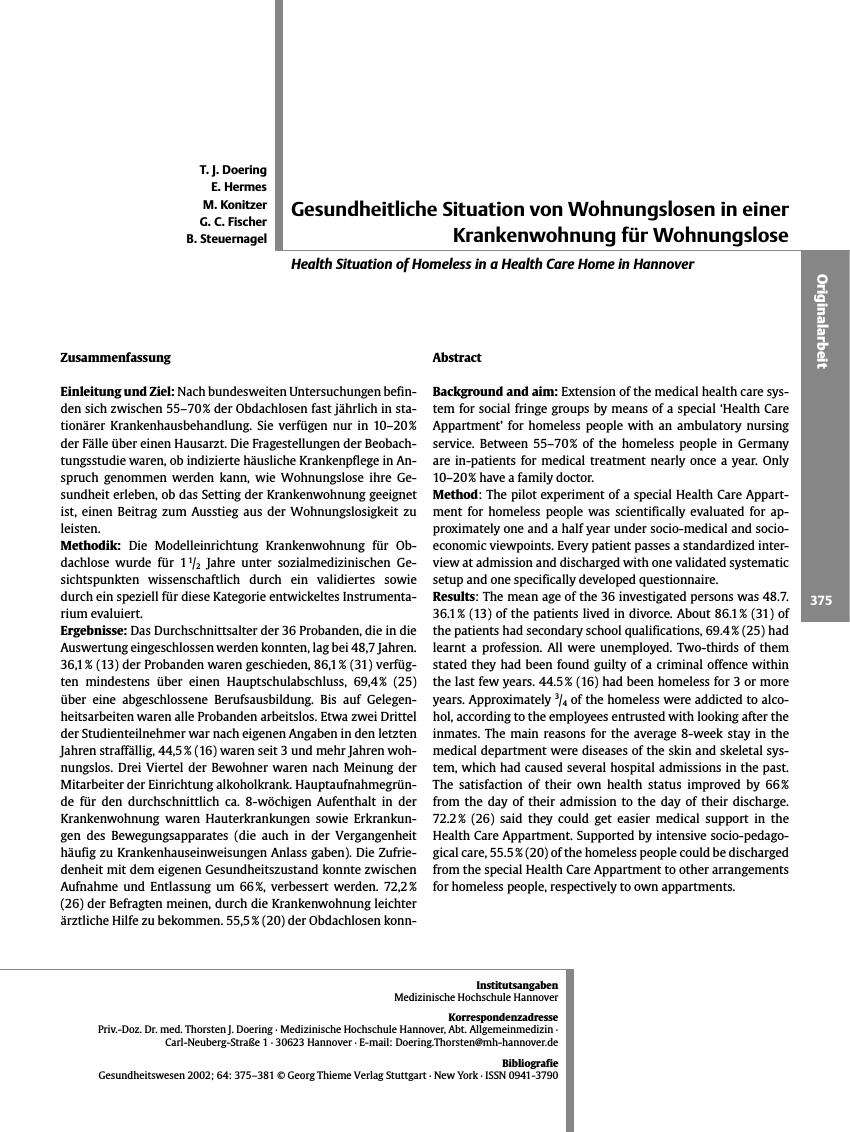 Vorschauseite 1: Gesundheitliche Situation von Wohnungslosen in einer Krankenwohnung für Wohnungslose