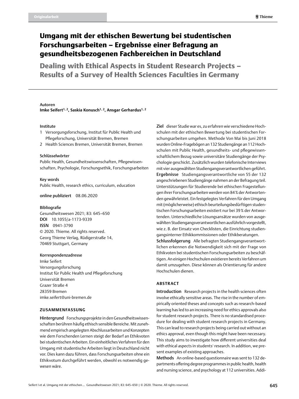 Vorschauseite 1: Umgang mit der ethischen Bewertung bei studentischen Forschungsarbeiten – Ergebnisse einer Befragung an gesundheitsbezogenen Fachbereichen in Deutschland