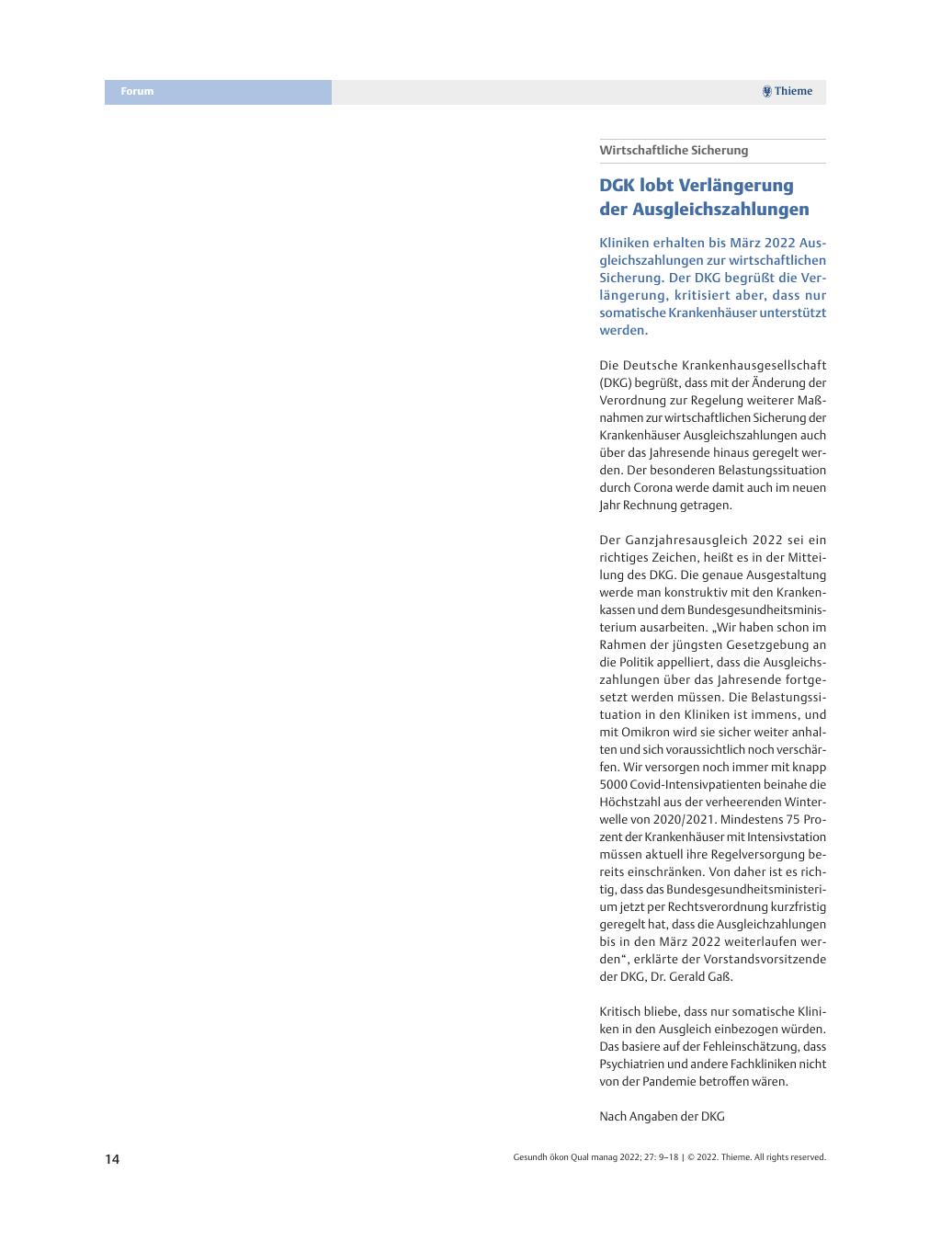 Vorschauseite 1: Wirtschaftliche Sicherung – DGK lobt Verlängerung der Ausgleichszahlungen