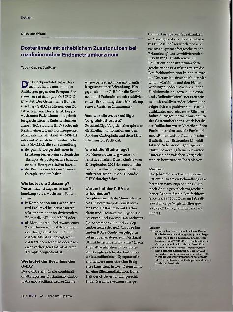Vorschauseite 1: Dostarlimab mit erheblichem Zusatznutzen bei rezidivierendem Endometriumkarzinom