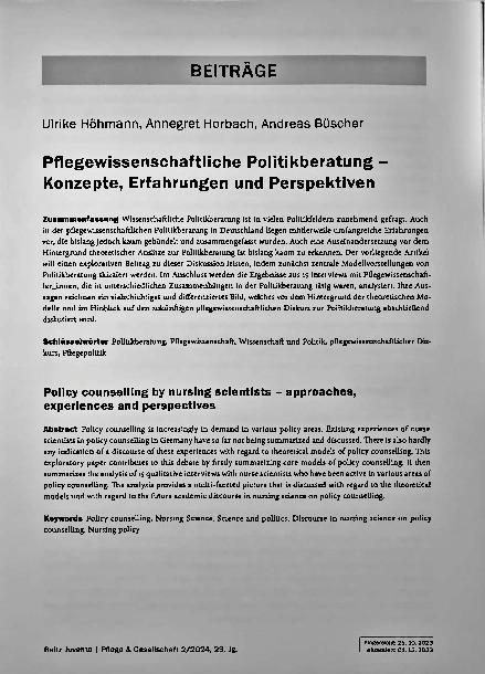 Vorschauseite 1: Pflegewissenschaftliche Politikberatung - Konzepte, Erfahrungen und Perspektiven