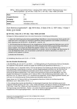 Vorschauseite 1: Zum Betreuungsbedarf – §§ 1814 Abs. 3 Satz 2 Nr. 2, 1871 Abs. 1 Satz 1 BGB; § 63 StGB