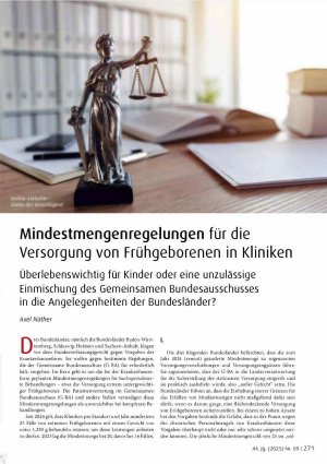 Vorschauseite 1: Mindestmengenregelungen für die Versorgung von Frühgeborenen in Kliniken