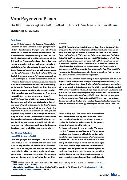 Vorschauseite 1: Vom Payer zum Player Die MPDL Services gGmbH als Infrastruktur für die Open-Access-Transformation