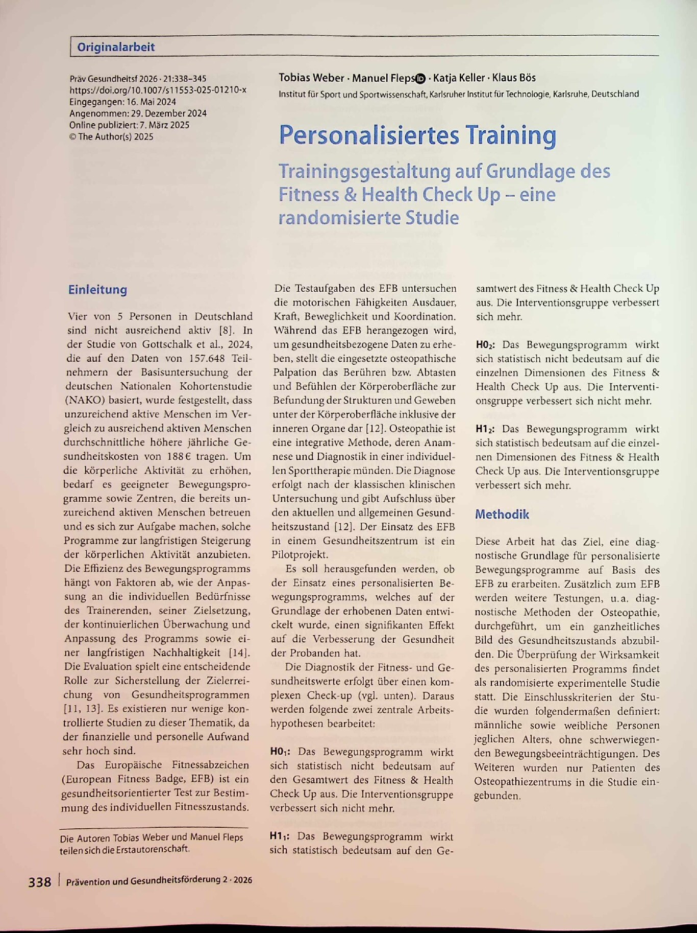 Vorschauseite 1: Personalisiertes Training. Trainingsgestaltung auf Grundlage des Fitness & Health Check Up – eine randomisierte Studie