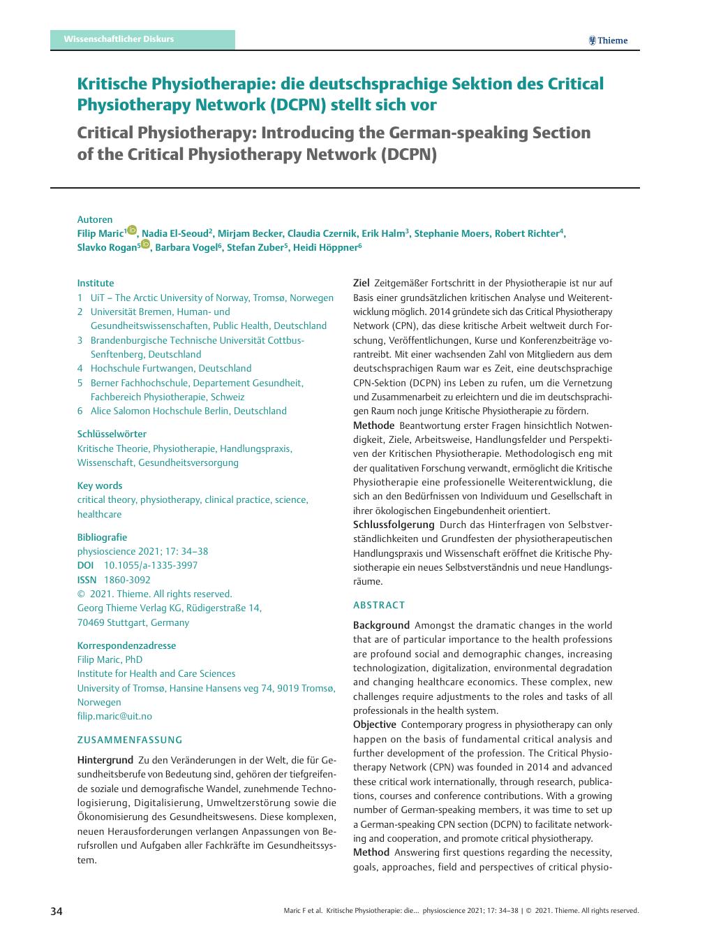 Vorschauseite 1: Kritische Physiotherapie: die deutschsprachige Sektion des Critical Physiotherapy Network (CPN) stellt sich vor