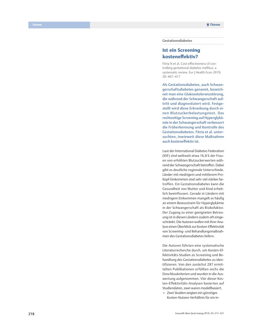 Vorschauseite 1: Gestationsdiabetes ? Ist ein Screening kosteneffektiv?