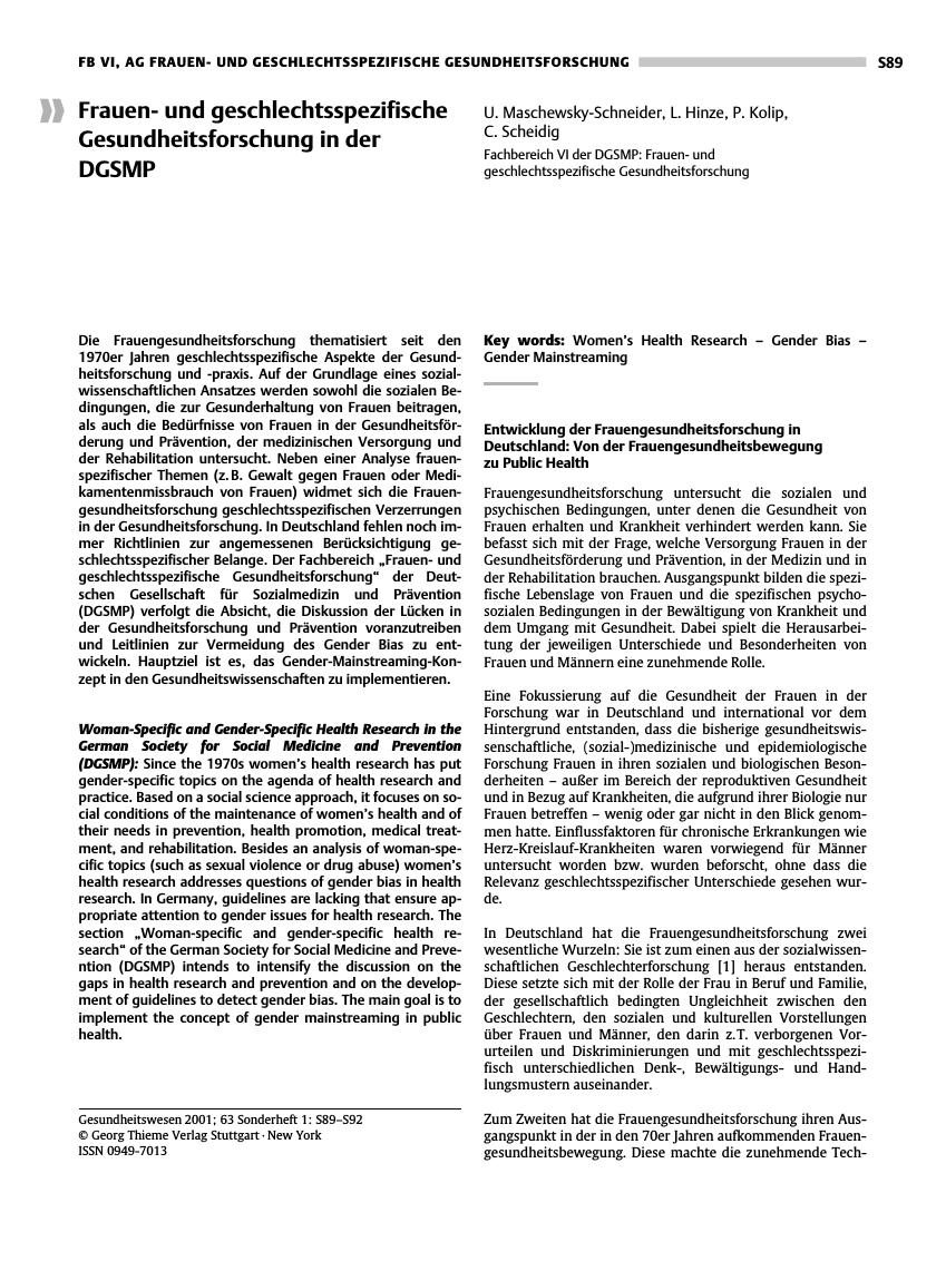 Vorschauseite 1: Frauenund geschlechtsspezifische Gesundheitsforschung in der DGSMP