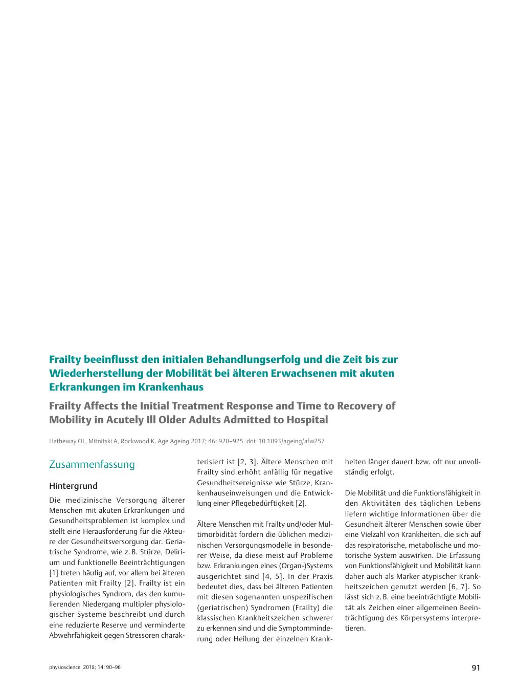 Vorschauseite 1: Frailty beeinflusst den initialen Behandlungserfolg und die Zeit bis zur Wiederherstellung der Mobilität bei älteren Erwachsenen mit akuten Erkrankungen im Krankenhaus