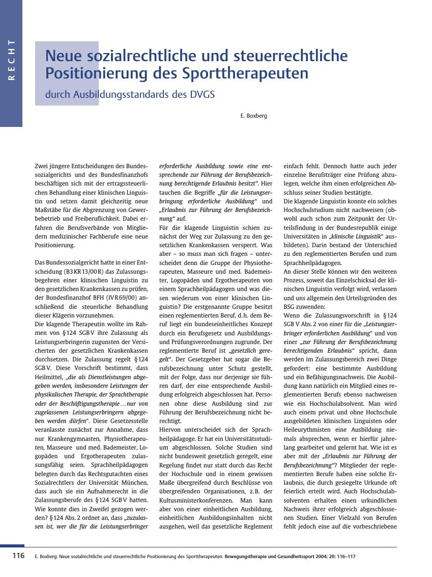 Vorschauseite 1: Neue sozialrechtliche und steuerrechtliche Positionierung des Sporttherapeuten