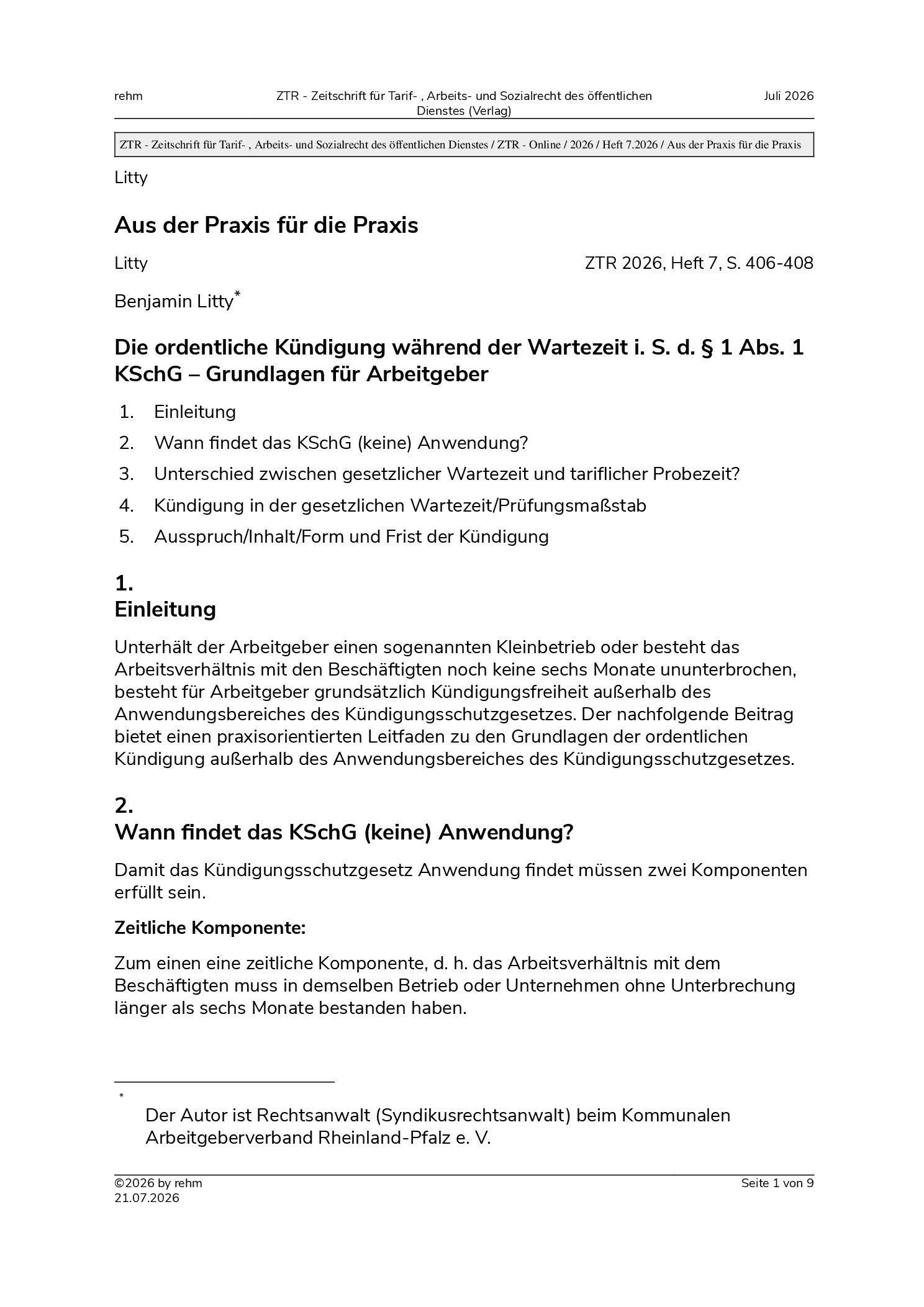 Vorschauseite 1: Die ordentliche Kündigung während der Wartezeit i. S. d. § 1 Abs. 1 KSchG – Grundlagen für Arbeitgeber