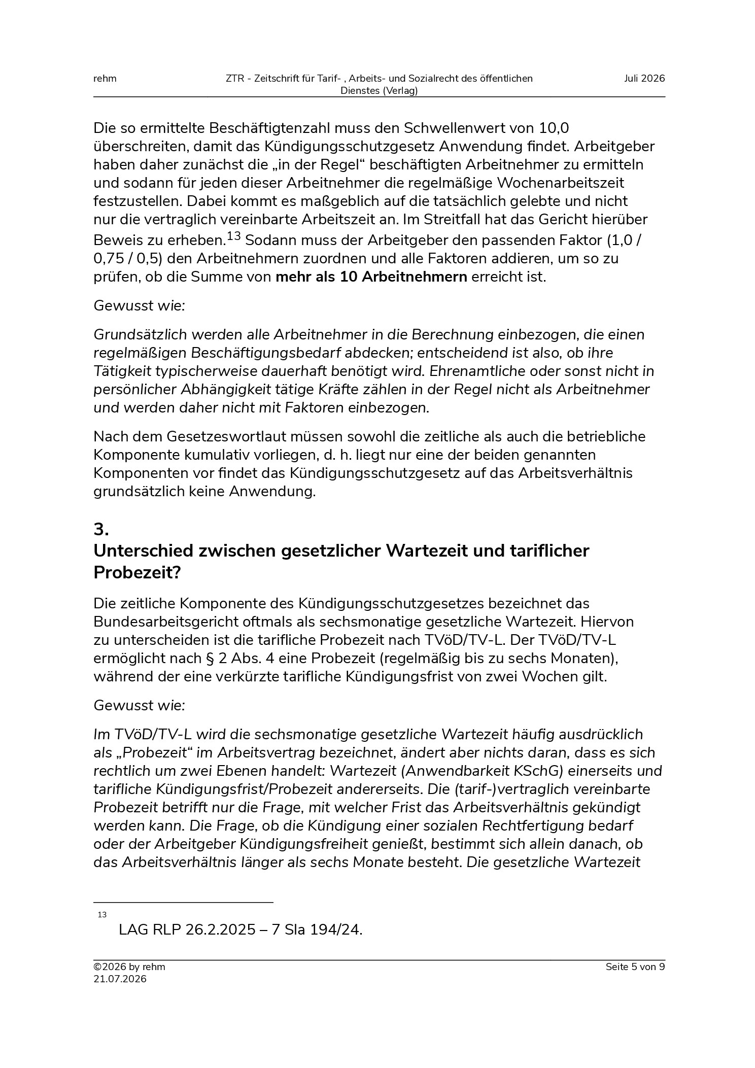 Vorschauseite 5: Die ordentliche Kündigung während der Wartezeit i. S. d. § 1 Abs. 1 KSchG – Grundlagen für Arbeitgeber
