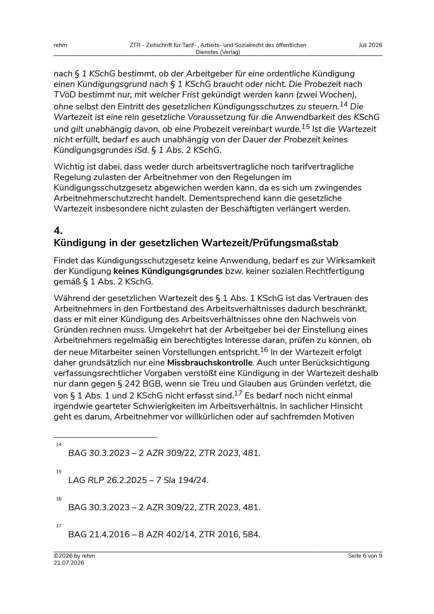 Vorschauseite 6: Die ordentliche Kündigung während der Wartezeit i. S. d. § 1 Abs. 1 KSchG – Grundlagen für Arbeitgeber