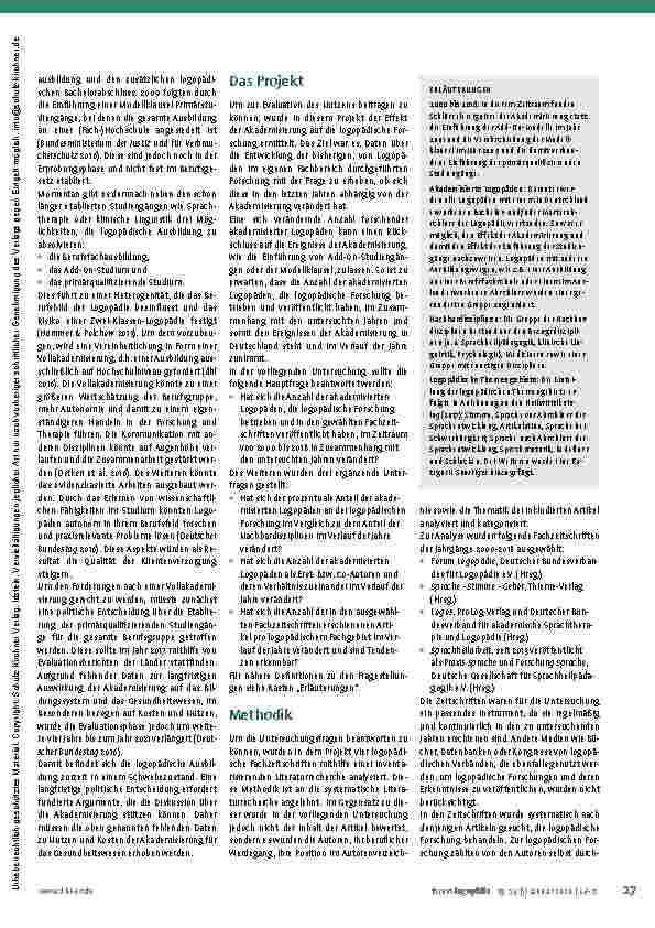 Vorschauseite 2: Die Akademisierung der Logopädie in Deutschland: Ergebnisse einer inventarisierenden Literaturstudie über ihren Effekt auf die logopädische Forschung.
