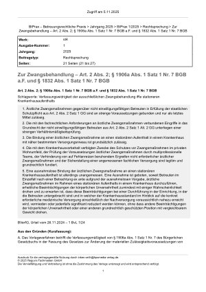 Vorschauseite 1: Zur Zwangsbehandlung – Art. 2 Abs. 2; § 1906a Abs. 1 Satz 1 Nr. 7 BGB