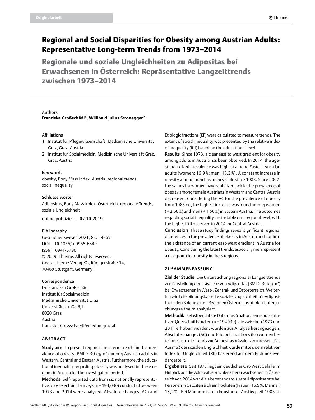 Vorschauseite 1: Regional and Social Disparities for Obesity among Austrian Adults: Representative Long-term Trends from 1973 – 2014