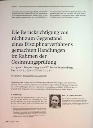 Vorschauseite 1: Die Berücksichtigung von nicht zum Gegenstand eines Disziplinarverfahrens gemachten Handlungen im Rahmen der Gesinnungsprüfung