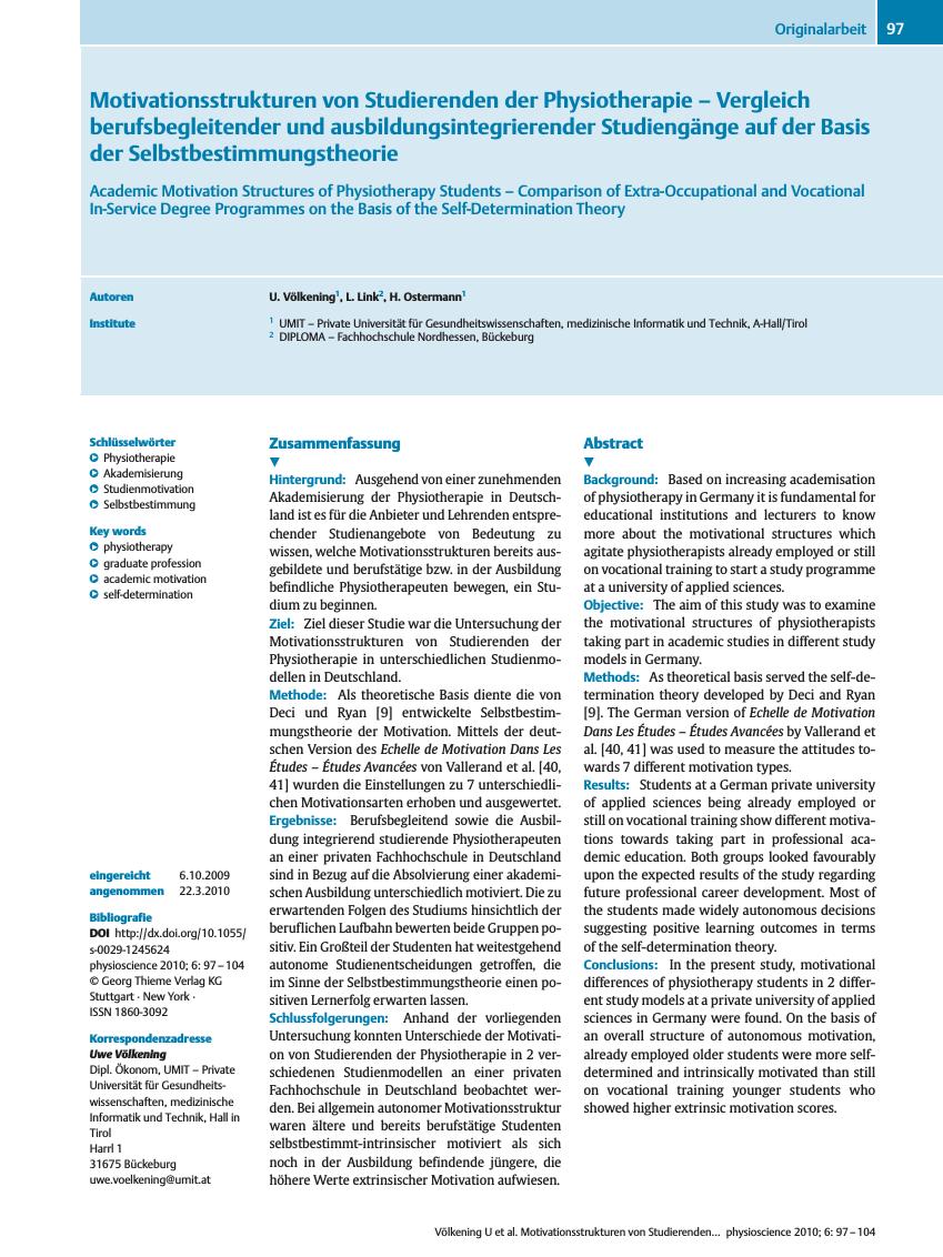 Vorschauseite 1: Motivationsstrukturen von Studierenden der Physiotherapie – Vergleich berufsbegleitender und ausbildungsintegrierender Studiengänge auf der Basis der Selbstbestimmungstheorie