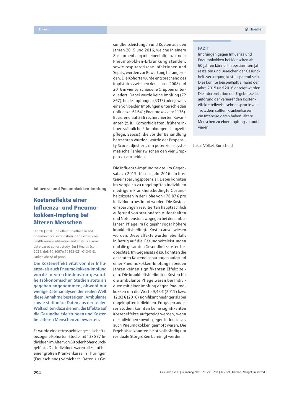 Vorschauseite 1: Influenzaund Pneumokokken-Impfung – Kosteneffekte einer Influenzaund Pneumokokken-Impfung bei älteren Menschen