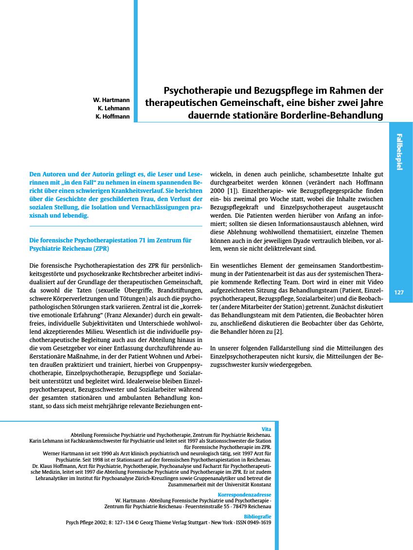 Vorschauseite 1: Psychotherapie und Bezugspflege im Rahmen der therapeutischen Gemeinschaft, eine bisher zwei Jahre dauernde stationäre Borderline-Behandlung