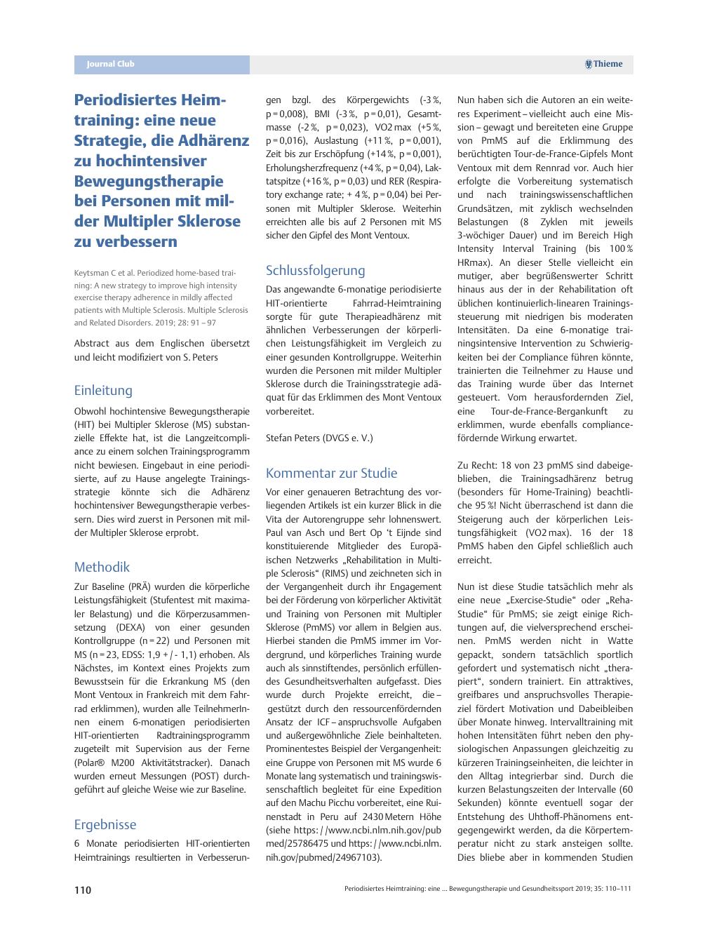 Vorschauseite 1: Periodisiertes Heimtraining: eine neue Strategie, die Adhärenz zu hochintensiver Bewegungstherapie bei Personen mit milder Multipler Sklerose zu verbessern