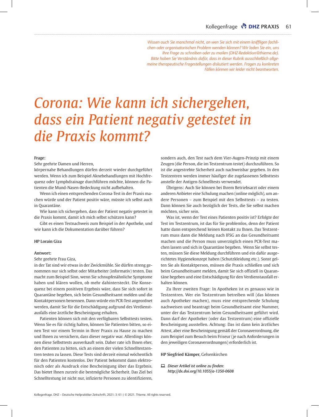 Vorschauseite 1: Corona: Wie kann ich sicherstellen, dass ein Patient negativ getestet in die Praxis kommt?