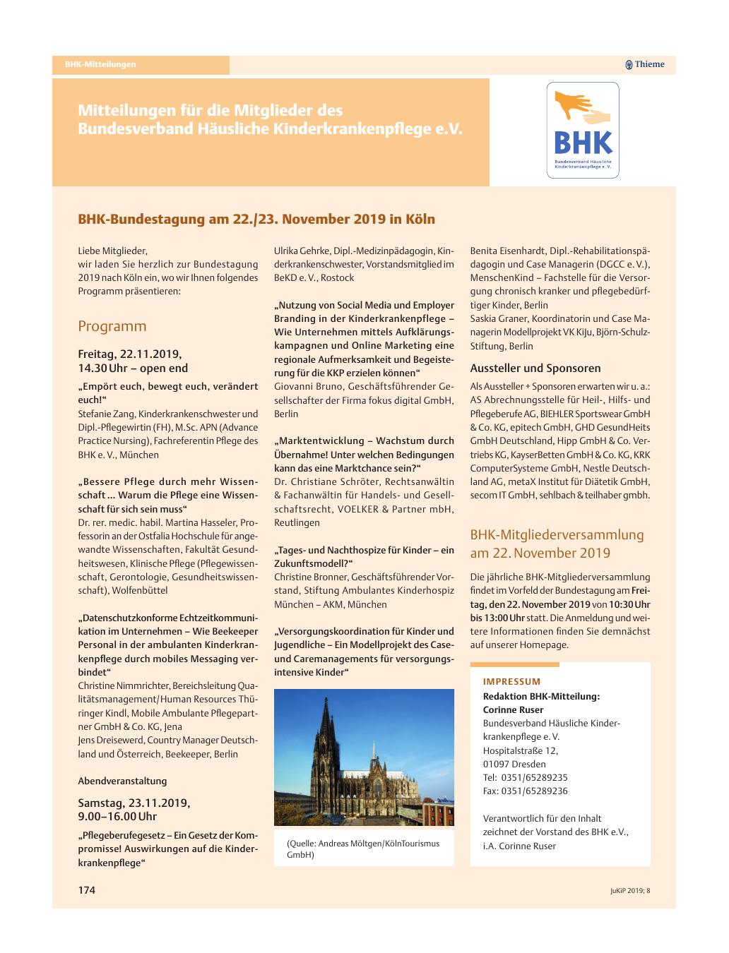 Vorschauseite 1: BHK-Bundestagung am 22./23. November 2019 in Köln