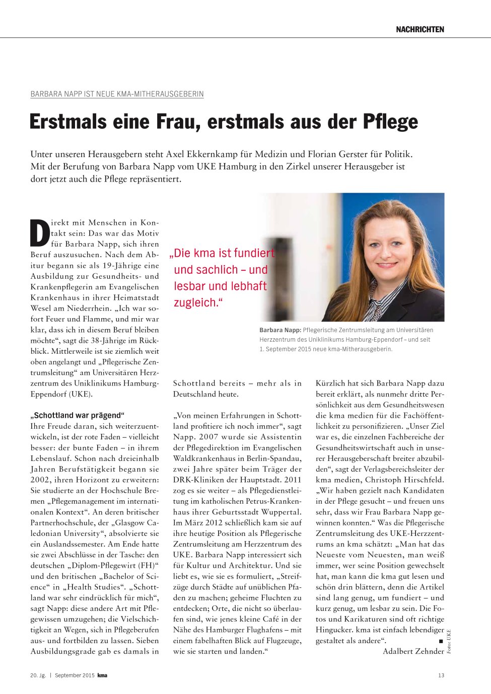 Vorschauseite 1: Erstmals eine Frau, erstmals aus der Pflege