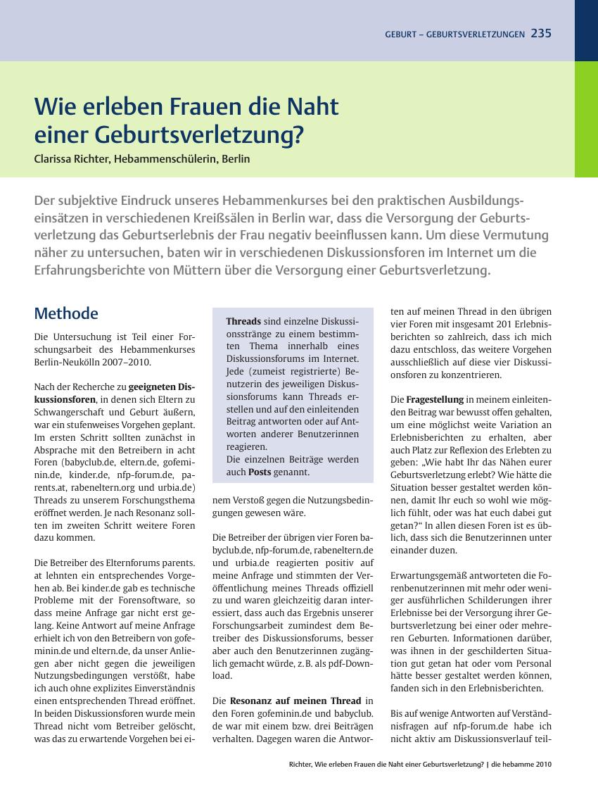 Vorschauseite 1: Wie erleben Frauen die Naht einer Geburtsverletzung?