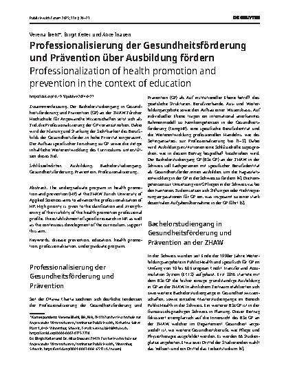 Vorschauseite 1: Professionalisierung der Gesundheitsförderung und Prävention über Ausbildung fördern
