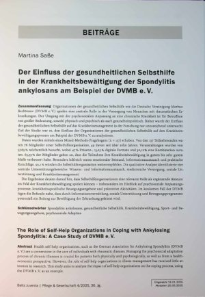 Vorschauseite 1: Der Einfluss der gesundheitlichen Selbsthilfe in der Krankheitsbewältigung der Spondylitis ankylosans am Beispiel der DVMB e. V.
