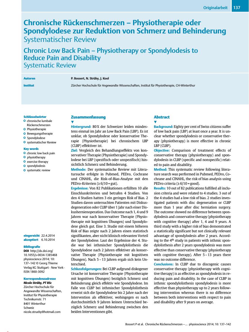 Vorschauseite 1: Chronische Rückenschmerzen – Physiotherapie oder Spondylodese zur Reduktion von Schmerz und Behinderung