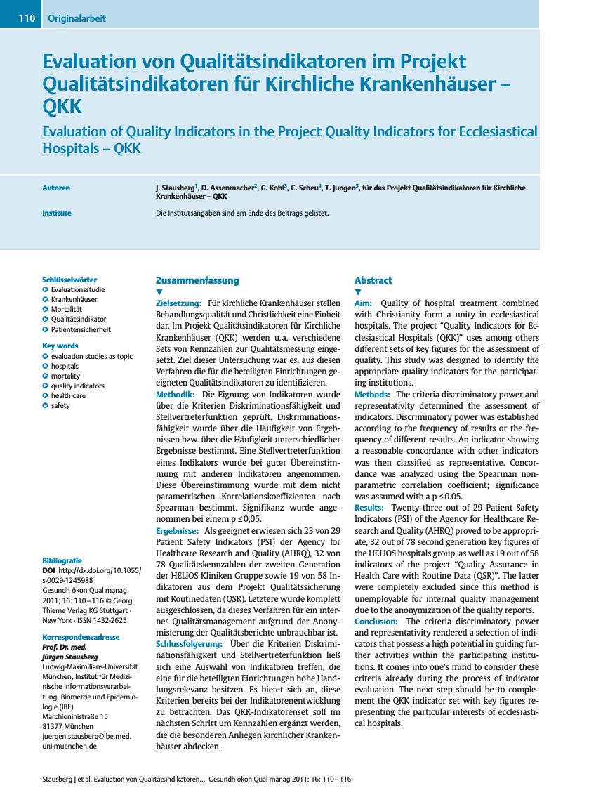 Vorschauseite 1: Evaluation von Qualitätsindikatoren im Projekt Qualitätsindikatoren für Kirchliche Krankenhäuser – QKK
