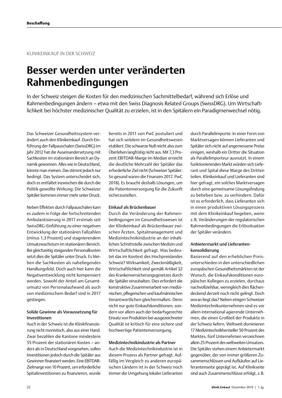Vorschauseite 1: Klinikeinkauf in der Schweiz: Besser werden unter veränderten Rahmenbedingungen