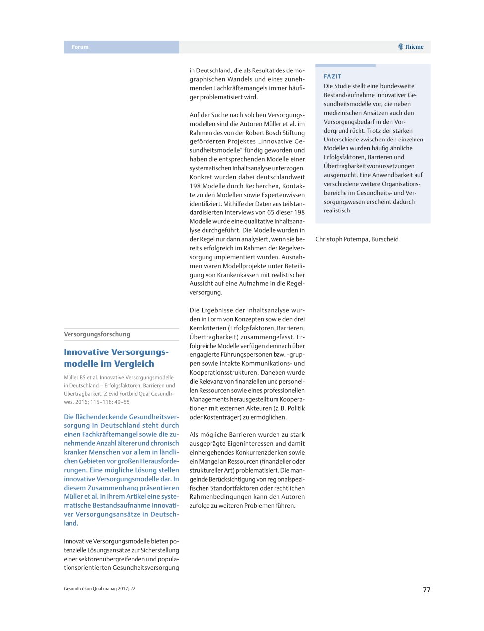 Vorschauseite 1: Versorgungsforschung – Innovative Versorgungsmodelle im Vergleich