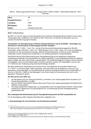Vorschauseite 1: Der BGT e. V. hat sich intensiv mit der Neuregelung der ärztlichen Zwangsmaßnahmen befasst und ein erstes Thesenpapier dazu veröffentlicht.
