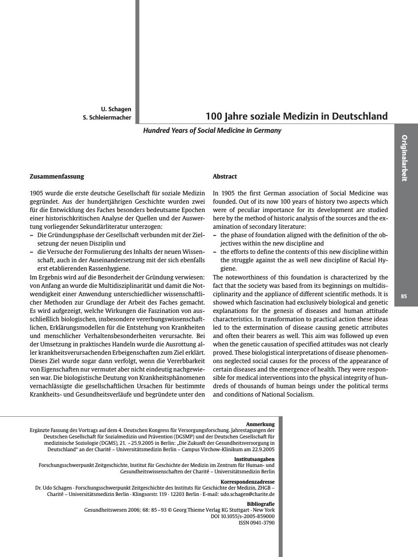 Vorschauseite 1: 100 Jahre soziale Medizin in Deutschland